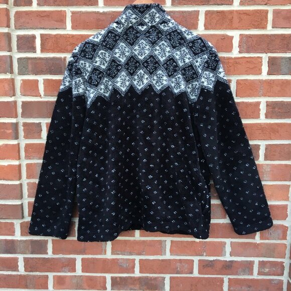 VTG 90s Talbots Fleece Zip Jacket Med Black Cream Fair Isle Icelandic Snowflake - Picture 2 of 8